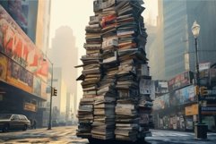 Towering pile of newspapers on city street Product Image 1