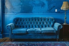 Blue velvet chesterfield sofa standing in a blue living room Product Image 1