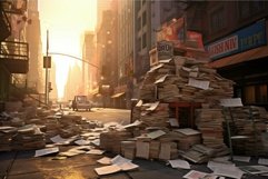 Paper apocalypse: city street overtaken by mountains of pape Product Image 1