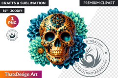 Floral Black Gold Sugar Skull dia de muertos Clipart PNG Product Image 1