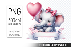 Cute Elephant Clipart PNG, Valentine&#039;s Day Animal PNG File Product Image 1