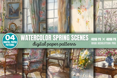 Watercolor Spring Scenes Digital Paper Background Bundle PNG Product Image 7