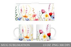Wildflowers Mug Sublimation. Watercolor Flowers Mug Design Product Image 1