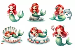 11 Cute Mermaid Cartoon Watercolor Cliparts Product Image 6