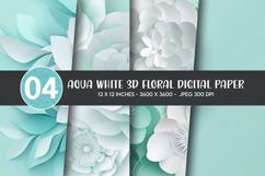 Aqua White 3D Floral Digital Paper Product Image 1