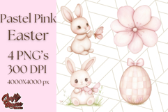 Pastel Pink Easter Bunny Egg and Flowers Clipart PNG Product Image 1