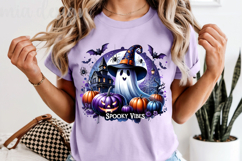 Spooky Vibes Halloween PNG, Haunted House Pumpkin Design Product Image 1
