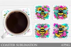 Bee Coaster Sublimation. Bee Flowers Coaster Design Product Image 1