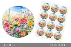 Wildflowers Sticker Template. Flowers Round Sticker Design Product Image 1