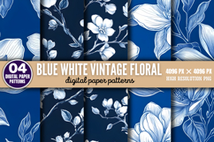 Blue White Vintage Floral Chinoiserie Digital Paper PNG Product Image 1