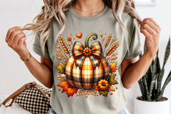 Plaid Pumpkin PNG, Vintage Autumn Floral Bow Sublimation Product Image 5