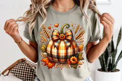 Plaid Pumpkin PNG, Vintage Autumn Floral Bow Sublimation Product Image 5