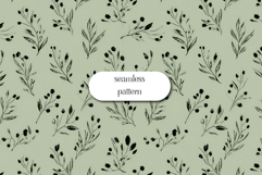 Minimal Botanical Seamless Pattern in Black on Sage Product Image 1