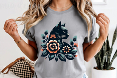 Folk Art Black Cat PNG, Floral Botanical Sublimation Product Image 5
