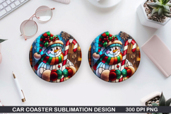 Snowman Car Coaster Sublimation|Christmas Coaster PNG Design Product Image 1