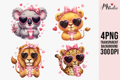 Cute Pink Animals with Heart Shades and Drinks PNG Product Image 1