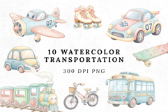 Watercolor Transportation Clipart PNG Bundle - Kawaii Product Image 1