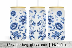 Blue Floral Tumbler Flower Wrap, 16oz Libbey Glass Can PNG Product Image 1