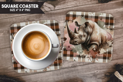 Rhinoceros, Wild Animals, Buffalo Plaid Square Coaster PNG Product Image 1