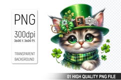 St. Patrick’s Day Cat with Green Hat Clipart, Shamrocks PNG Product Image 1