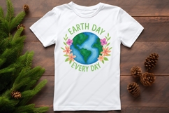 Digital PNG design featuring a hand-painted illustration of planet Earth with green continents and blue oceans, encircled by vibrant pink, orange, and purple flowers with leafy accents. The text &quot;Earth Day&quot; appears above and &quot;Go Planet!