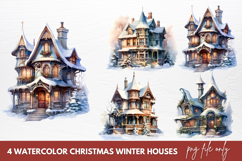 Watercolor Christmas Winter Houses Clipart Product Image 1