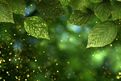 Green leaves with dew drops &amp; golden sparkles in background Product Image 1