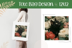 Floral Cat Tote Bag, Black Cat Tote Bag Design, Cat PNG Product Image 1
