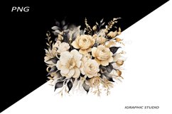Black and Gold Flowers PNG, Watercolor Floral, Bouquet Product Image 1