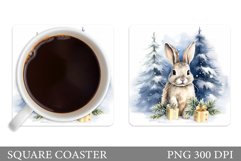 Winter Bunny Square Coaster. Watercolor Bunny Coaster Design Product Image 1