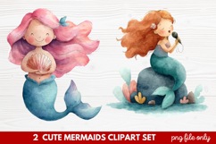 2 Cute Mermaids Clipart Set | Whimsical Mermaid Illustration Product Image 1