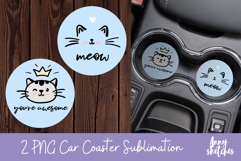 2 Cute Blue Cat Face Car Coaster Sublimation Design PNG Product Image 1