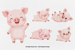 15 Bundle Watercolor Cute Pig Pink Lazy Smile Cute Hog Farm Product Image 6