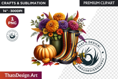 Autumn Floral Rain Boots PNG, Fall Flower in Wellies Clipart Product Image 1