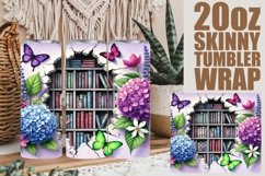 Watercolor Bookshelf with Flowers Tumbler Wrap, Buttefly PNG Product Image 1