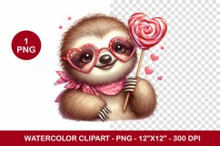 valentine png watercolor clipart - sloth Product Image 1
