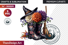 Halloween Floral Rain Boots - Cute Witchy Garden Clipart PNG Product Image 1