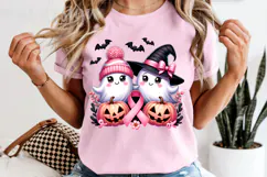 Pink Ribbon Halloween Ghosts PNG, Breast Cancer Sublimation Product Image 2