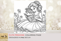 cute PRINCESS reading book, kids Coloring Page png Product Image 1