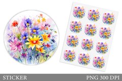 Wildflowers Sticker Design. Round Sticker Flowers Product Image 1