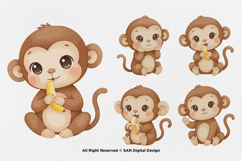 15 Bundle Watercolor Monkey Animal Primate Banana Kids Product Image 6