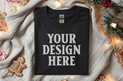 Gildan 64000 Black Folded Christmas Flat Lay T-shirt Mockup Product Image 1