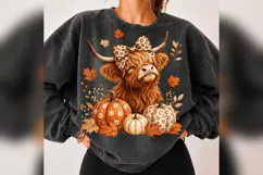 Fall Highland Cow PNG, Leopard Bow Pumpkin Cow, Autumn Product Image 3