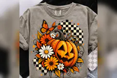 Floral Pumpkin Halloween PNG, Checkered Jack O Lantern Product Image 1