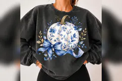 Blue Floral Pumpkin PNG, Chinoiserie Pumpkin with Bow, Coque Product Image 4