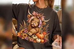 Fall Highland Cow PNG, Plaid Bow Pumpkin Cow, Autumn Floral Product Image 2