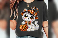 Bling Halloween Witch Cat PNG, Rhinestone Pumpkin Kitty Product Image 2
