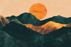 Abstract Mountain Landscape with Orange Sun Product Image 1
