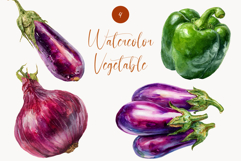 Watercolor Vegetable Clipart Eggplant, Onion &amp; Bell Pepper Product Image 1