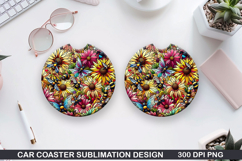 Flower Car Coaster Sublimation| Summer Flowers Coaster PNG Product Image 1